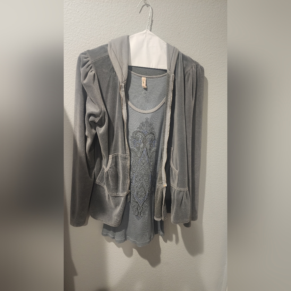 Gray Velvet Hoodie and Tank Set With Pants